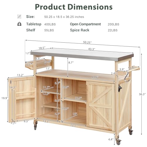 White Farmhouse Kitchen Island with Power Outlet, Drop Leaf, Spice Rack, Drawer, Rolling Cart on Wheels E418142