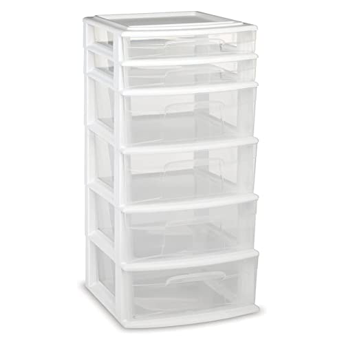 White 6-Tier Clear Plastic Storage Drawer Tower W9180
