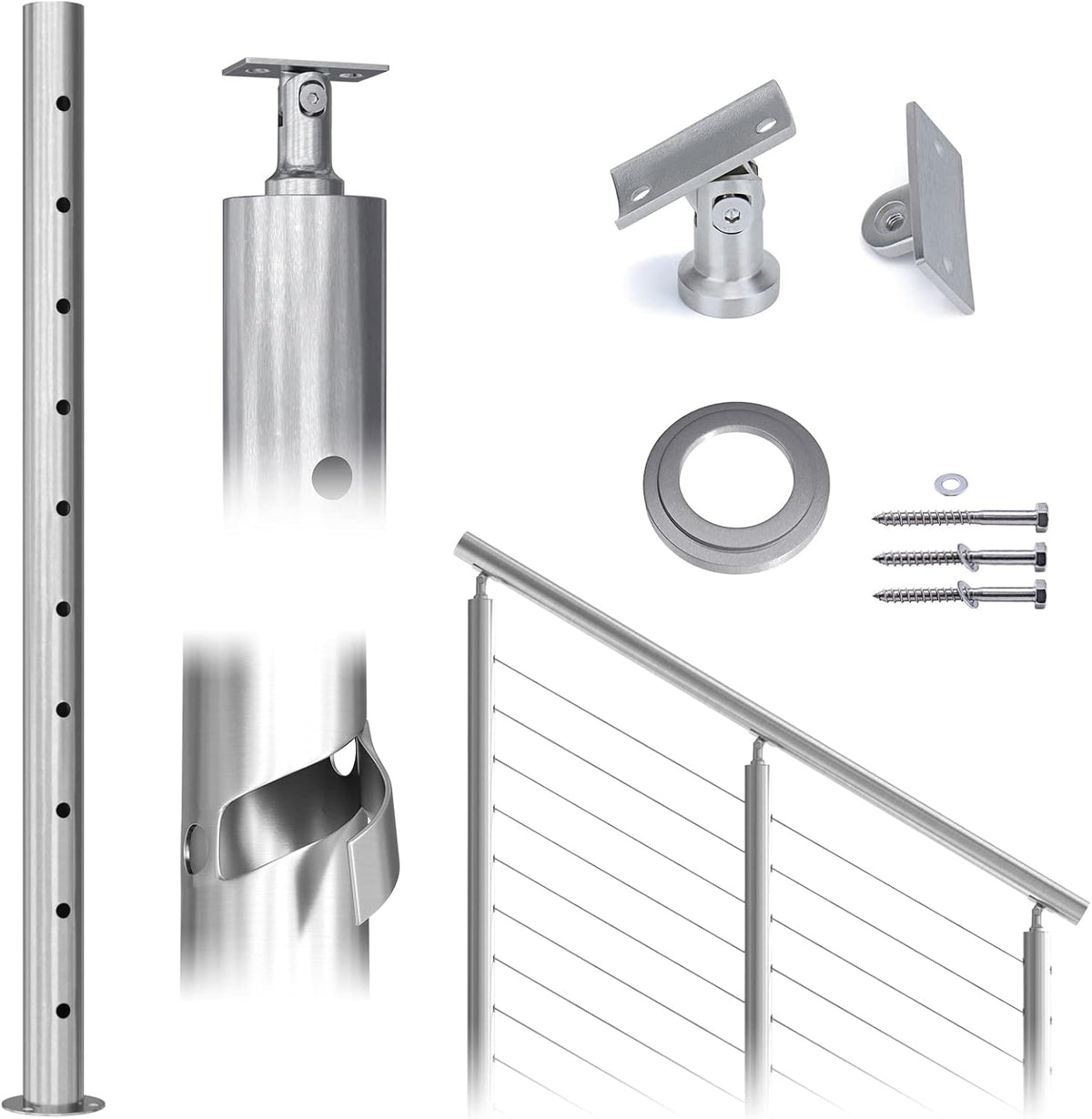 Round 36”x2.36” Stainless Steel Brushed Cable Railing Post Pack of 2 Z280979