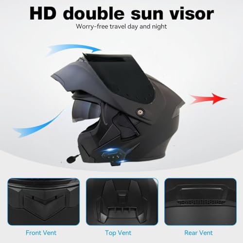 Motorcycle Bluetooth Modular Helmet, DOT Approved Flip Up Full Face Dual Visor Helmet, with Dual Speakers and Microphone E148552