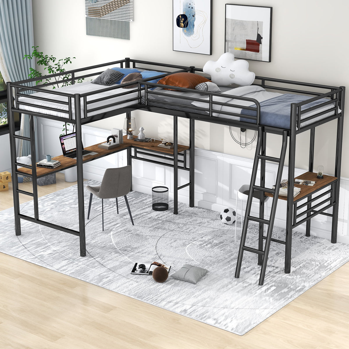 Twin Metal Loft Bed with Desk and Ladders O445298