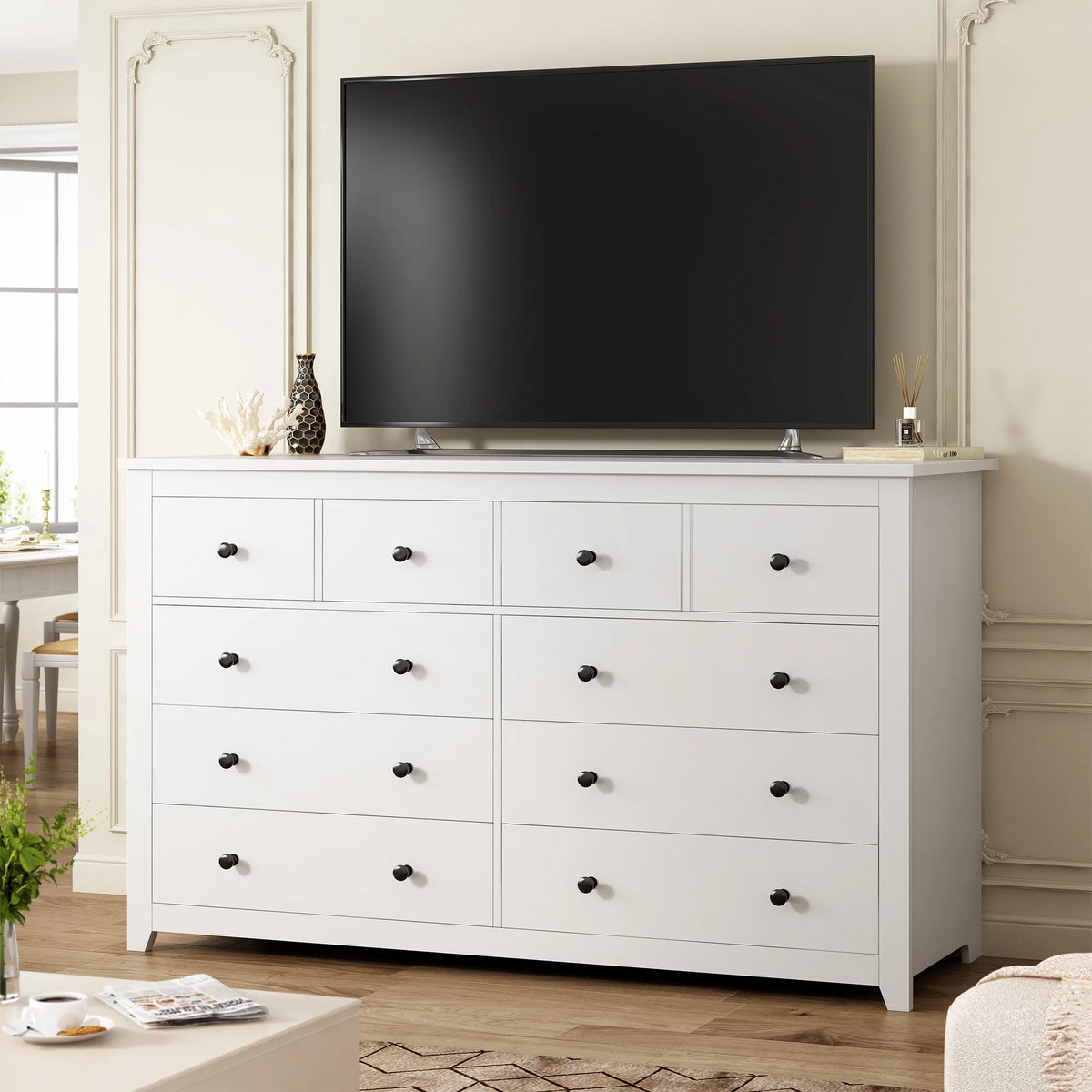 White Wood Dresser with 10 Deep Drawers G502