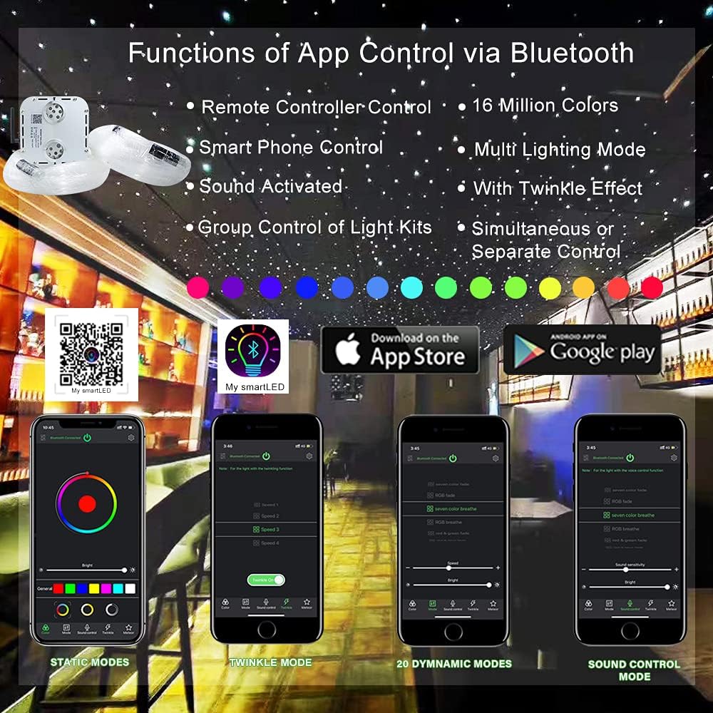 32W RGBW Fiber Optic Lights Kit Star Ceiling Sky Light 16.4ft/5m 1330pcs Mixed Fibers K14764