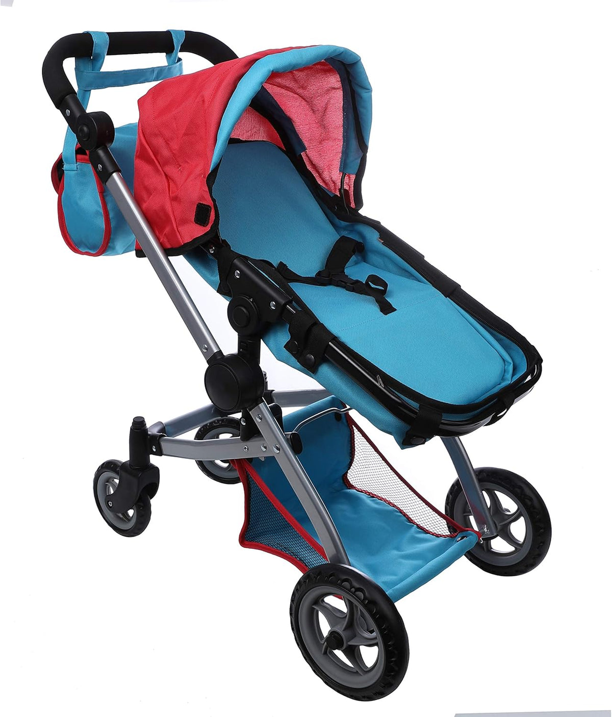 Red and Blue Deluxe Doll Pram with Swiveling Wheels and Adjustable Handle J426