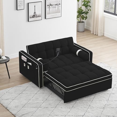 Beige Convertible Couch with Pullout Bed Sleeper Sofa L332