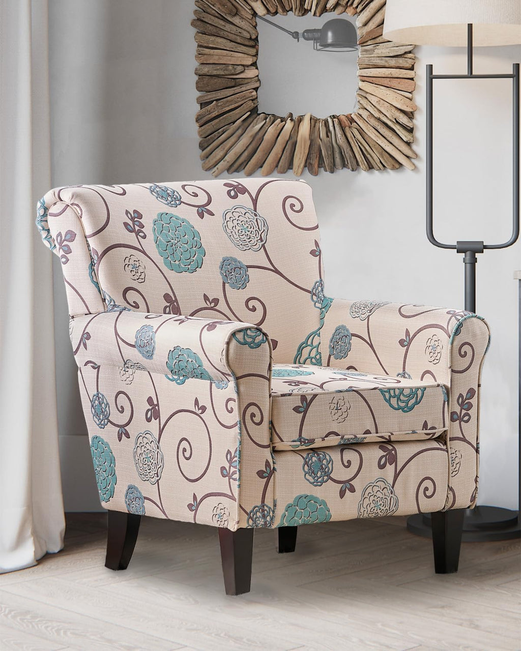 White/Blue Crushed Floral Fabric Sofa with Wooden Metal Legs J420405