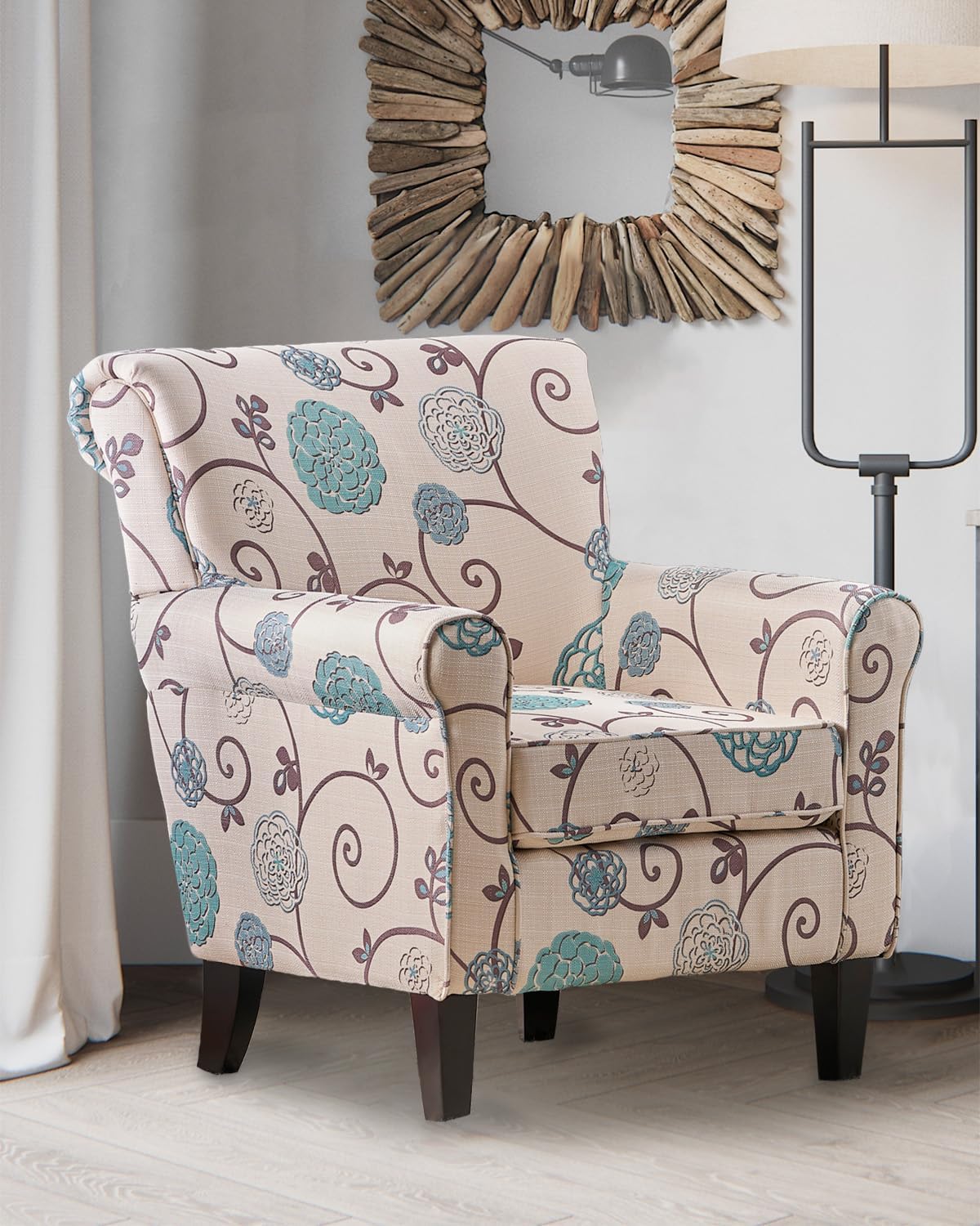 White/Blue Crushed Floral Fabric Sofa with Wooden Metal Legs J420405
