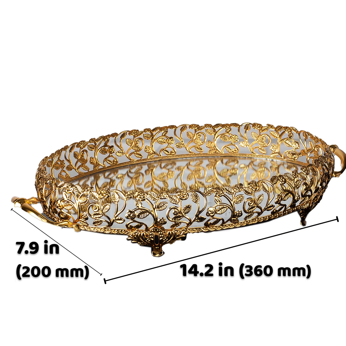 Metal Handmade Filigree Mirrored Tray, 17.3" x 10.2", Gold D92197