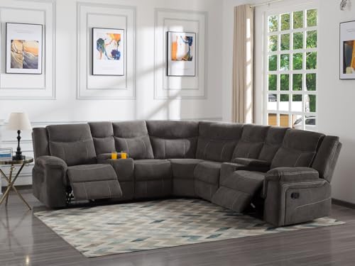 Grey Fabric Power Reclining Sectional Sofa with Cup Holders and Storage Console M5833