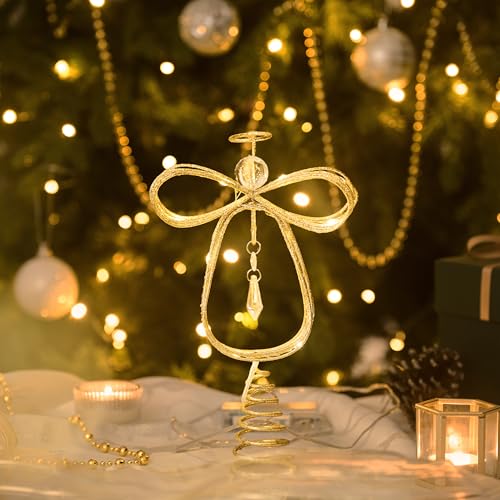 10 Inch Pre-Lit Gold Metal Angel Tree Topper E6255