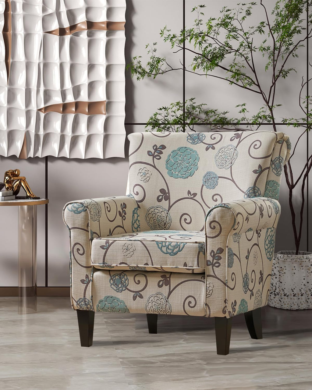 White/Blue Crushed Floral Fabric Sofa with Wooden Metal Legs J420405
