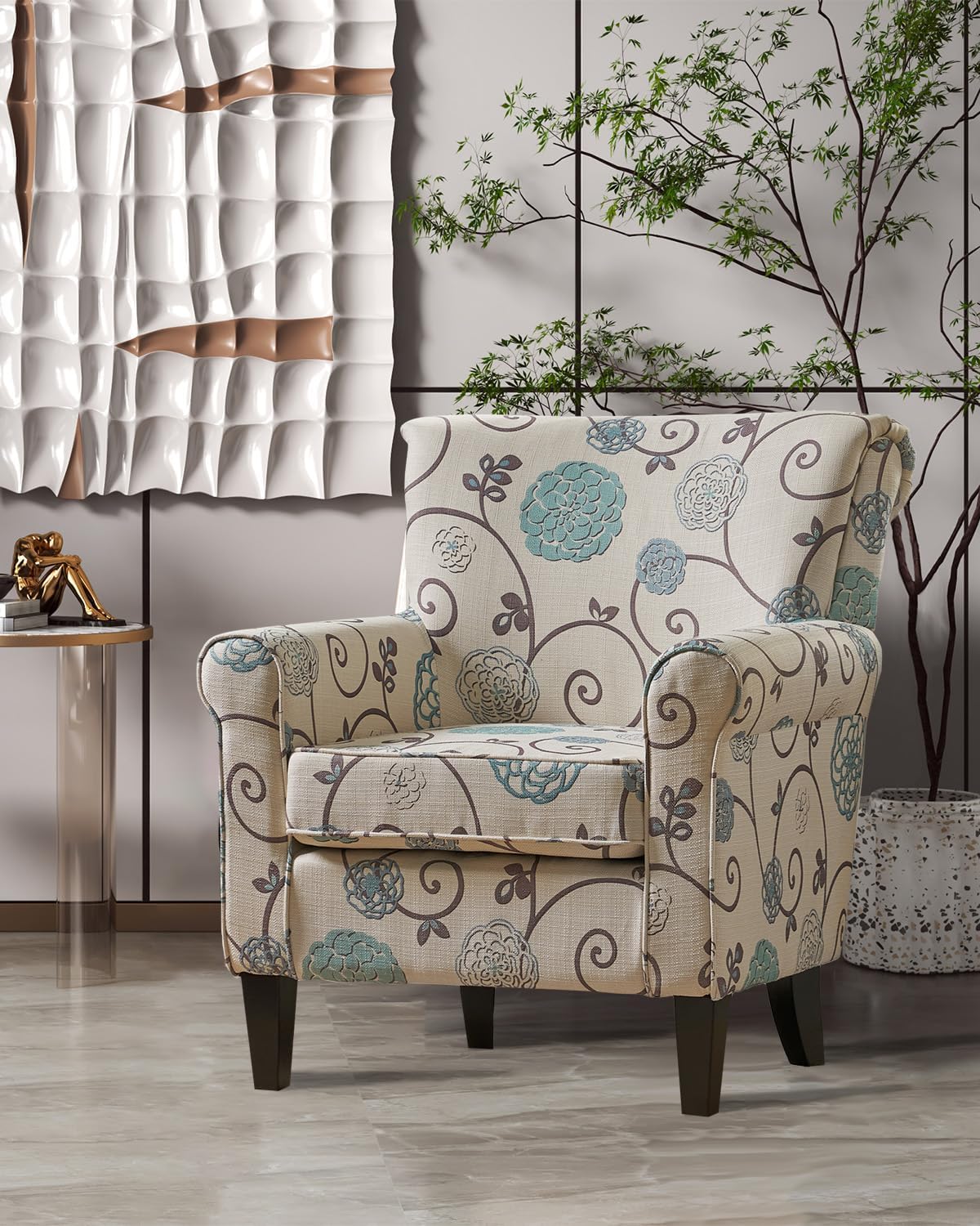 White/Blue Crushed Floral Fabric Sofa with Wooden Metal Legs J420405