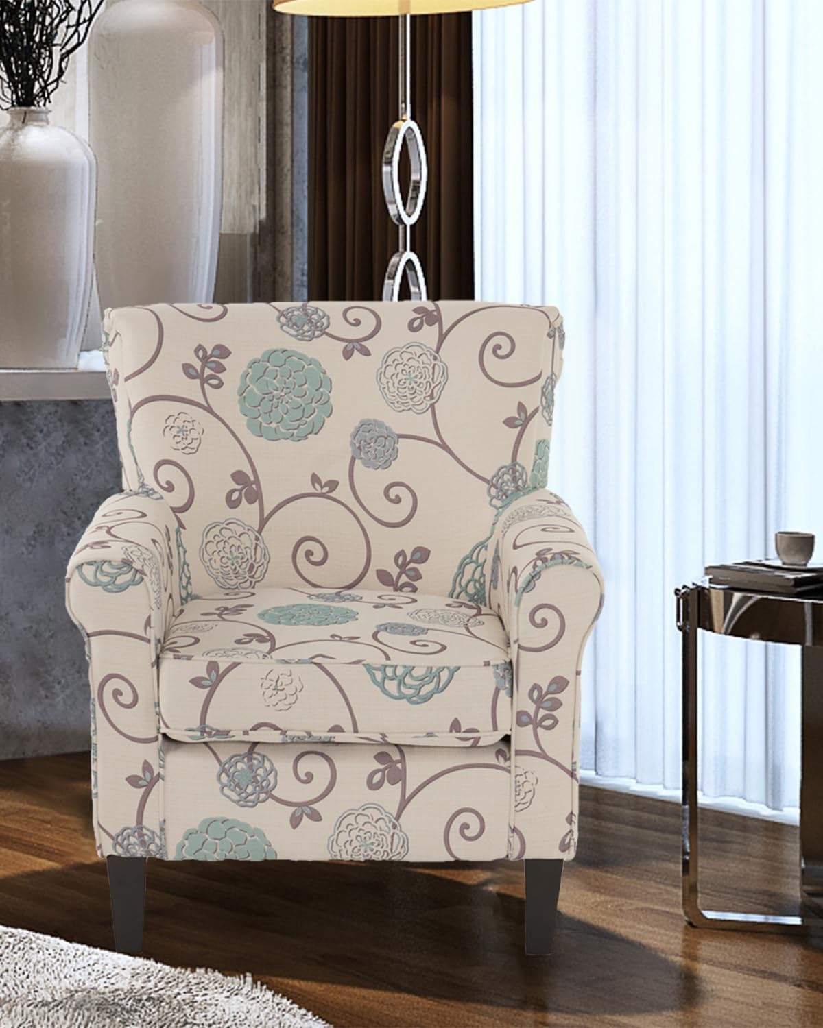 White/Blue Crushed Floral Fabric Sofa with Wooden Metal Legs J420405