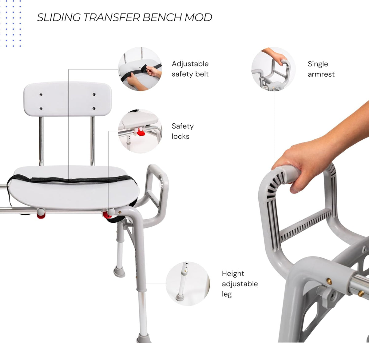 Sliding Transfer Bench & Tub Shower Chair with Interchangeable Arm Rest, Height Adjustable, High Weight Capacity up to 350 LBs J87879
