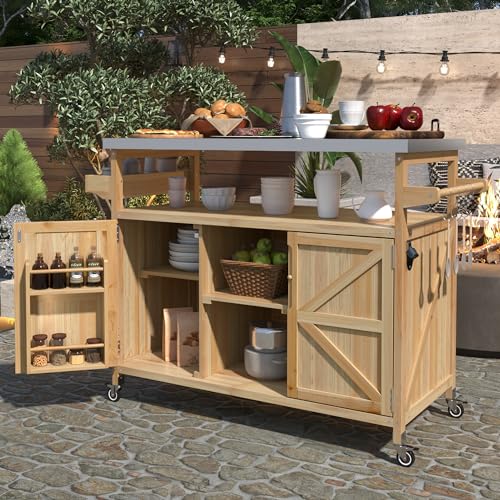 White Farmhouse Kitchen Island with Power Outlet, Drop Leaf, Spice Rack, Drawer, Rolling Cart on Wheels E418142