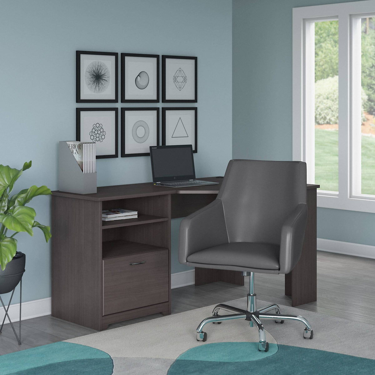 Heather Gray Corner Desk with Leather Box Chair O3636