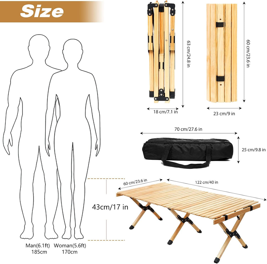 4ft Low Height Portable Folding Wooden Camping Table with Carry Bag L2039