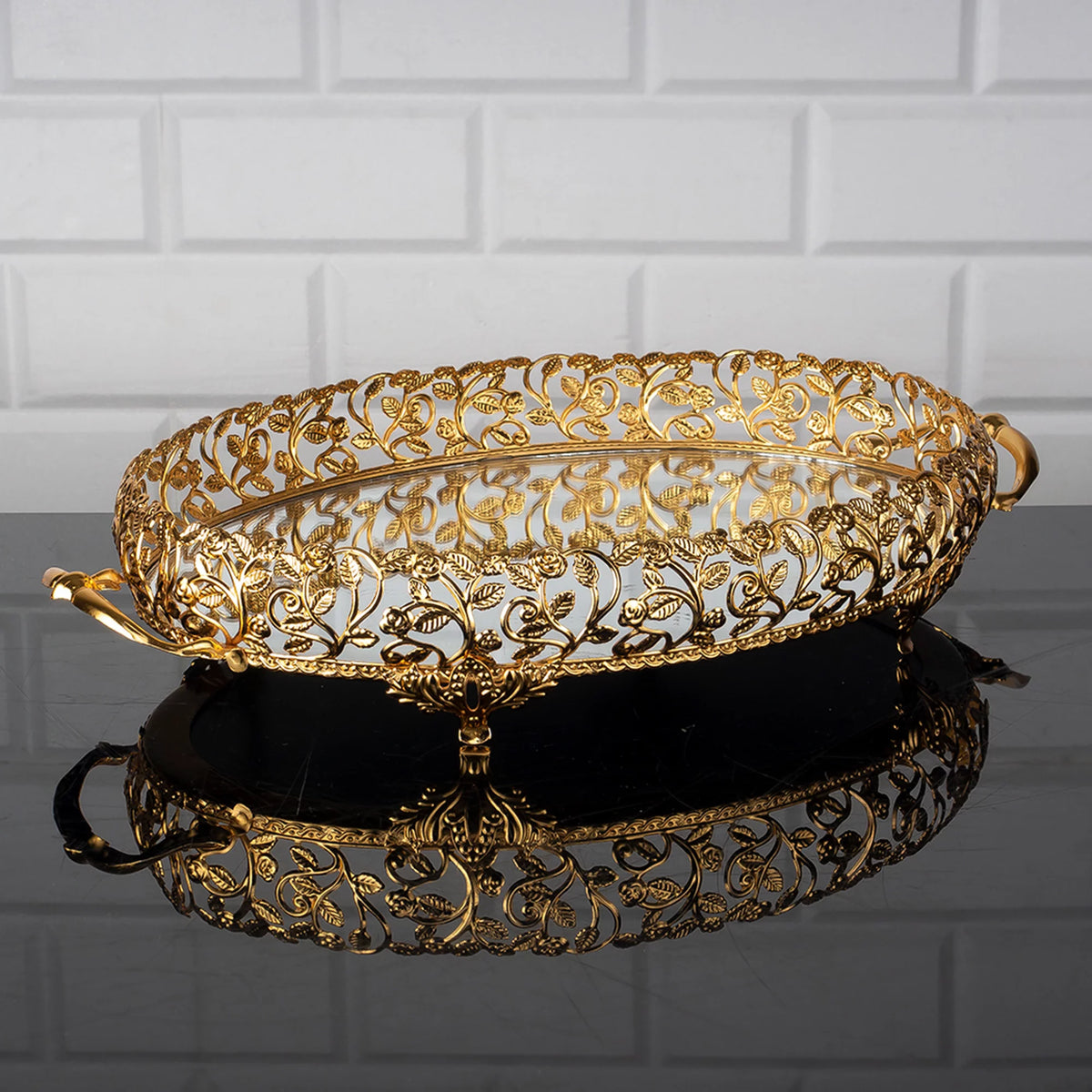 Metal Handmade Filigree Mirrored Tray, 17.3" x 10.2", Gold D92197