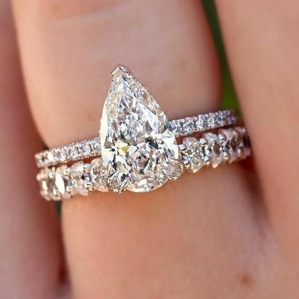 14K Yellow Gold Plated Pear Cut Moissanite Bridal Engagement Ring Set U9099
