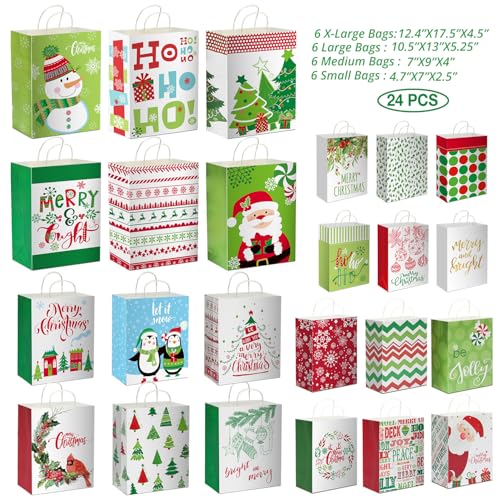 24 Christmas Gift Paper Bags Bulk with Handles and 60 Count Christmas Gift Tags X657