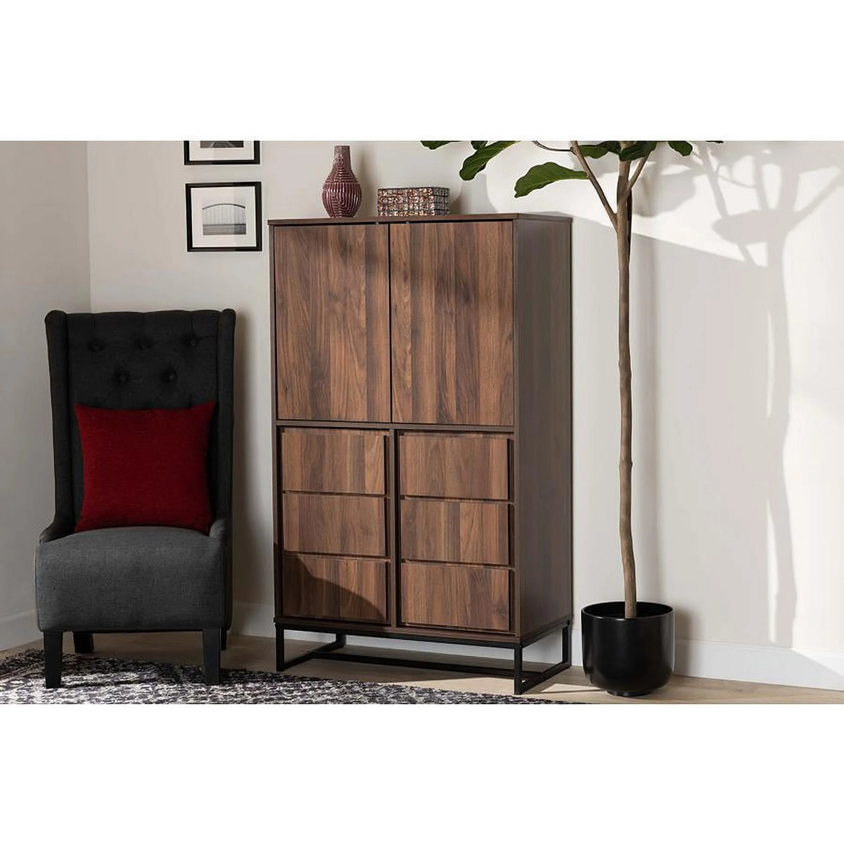 Walnut Brown Wood and Black Metal Storage S3723