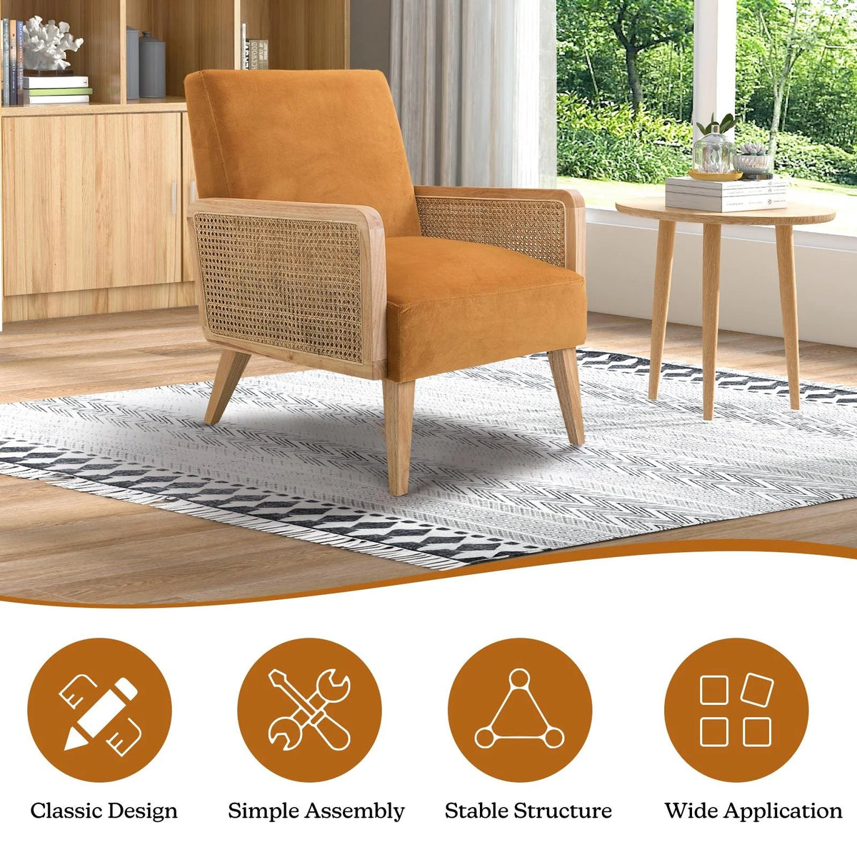 Yellow Fabric Upholstered Accent Chair with Rattan Armrests T286710