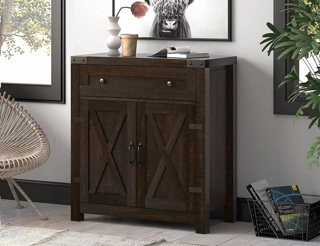 Rustic Oak Storage Cabinet with Double Doors and Drawer K82390