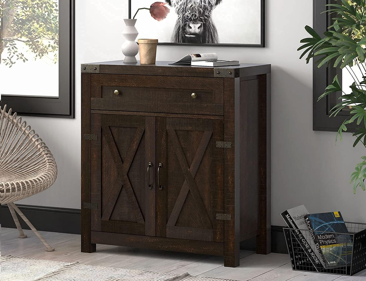 Rustic Oak Storage Cabinet with Double Doors and Drawer K82390