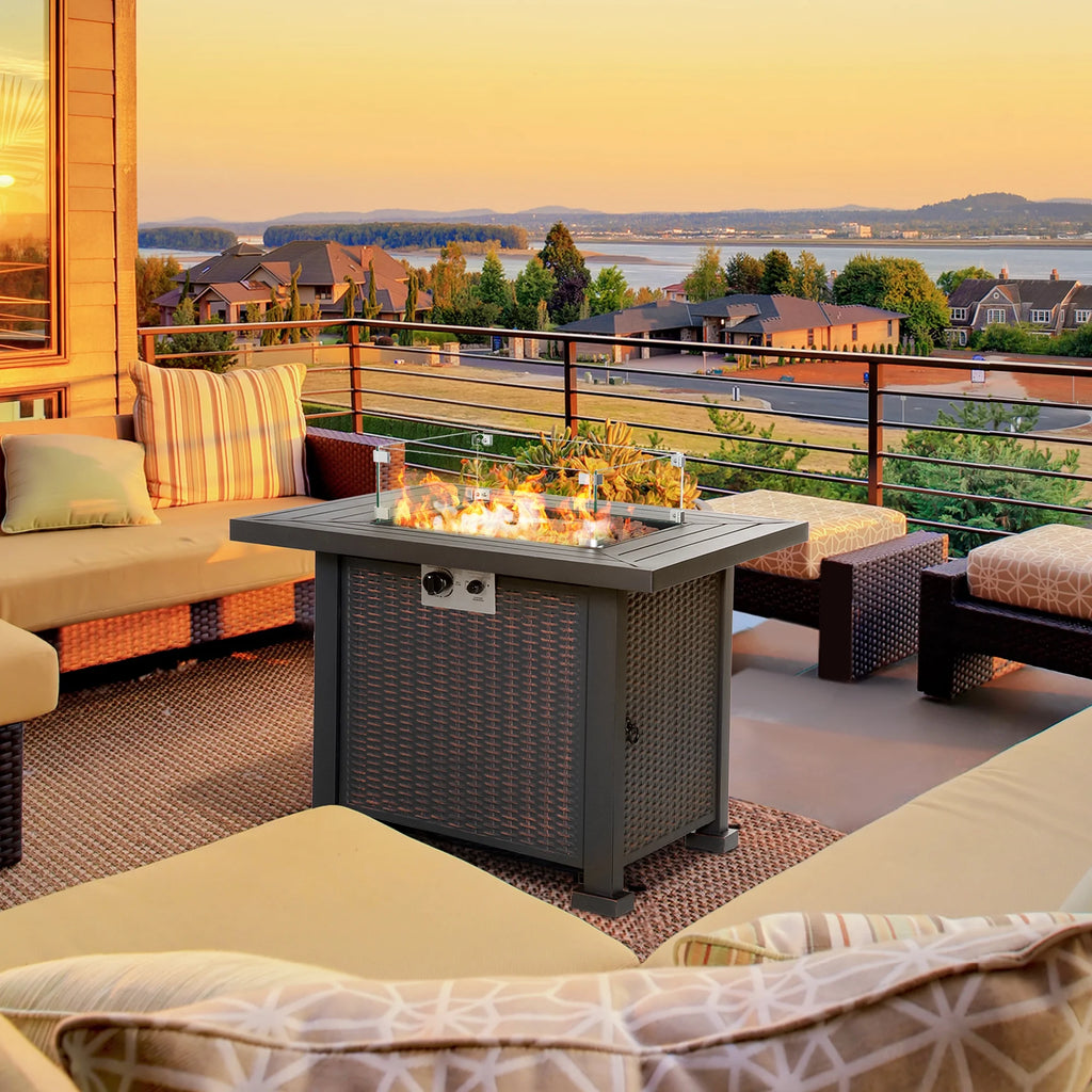 34 Inch Outdoor Propane Gas Fire Pit Table with Glass Wind Guard, Lid, Lava Rocks, Steel Base Z323570