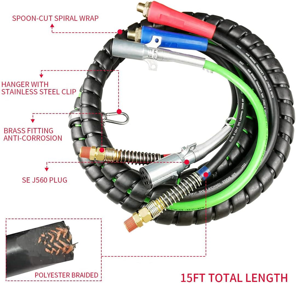 3 in 1 Spiral Wrap ABS Electrical Cord and Rubber Air Line Polyester Braided Hose Assemblies 15ft Length Wrap Set Heavy Duty 7 Way Electrical Trailer Cord I861914