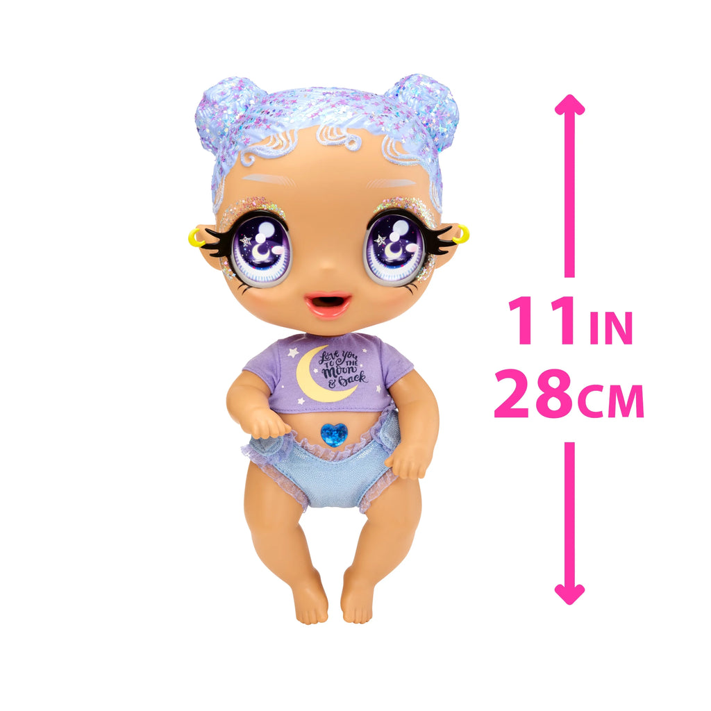 Pastel Purple Glitter Hair Baby Doll with Diaper, Bottle, Pacifier Accessories A1523
