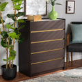 Dark Brown Gold Wood 5-Drawer Chest with Faux Marble Top S641241