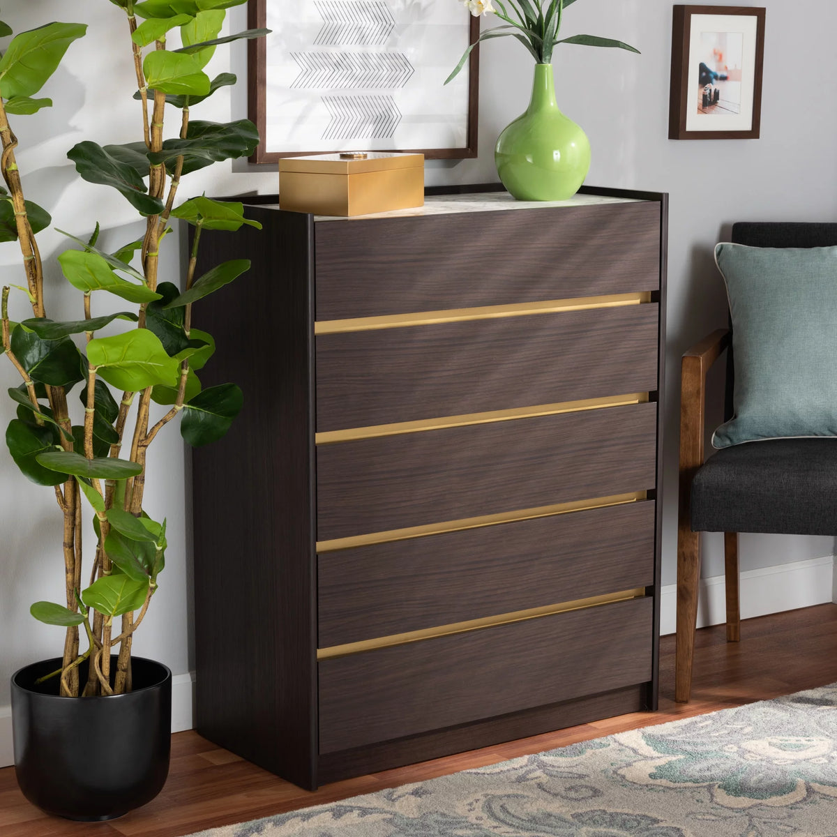 Dark Brown Gold Wood 5-Drawer Chest with Faux Marble Top S641241