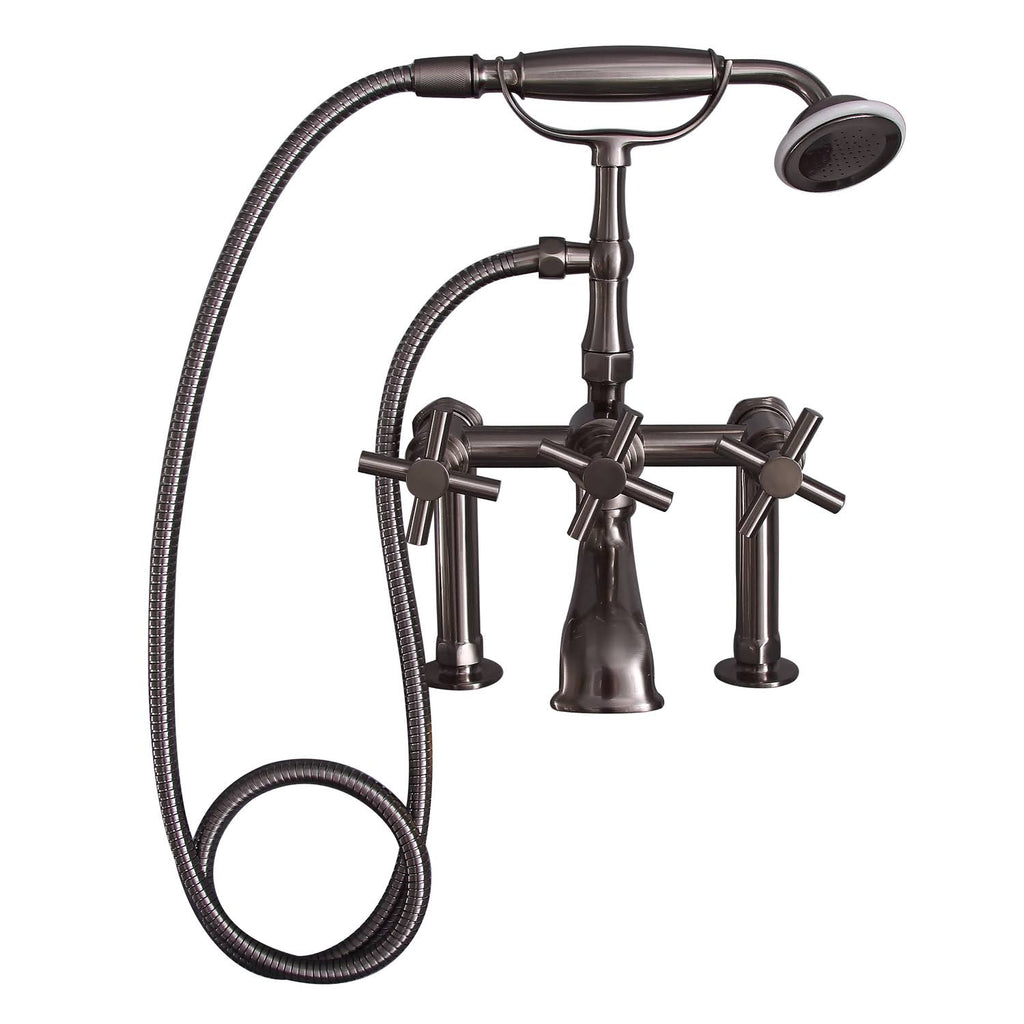 Deck Mount Tub Faucet with Cross Handles Hand Shower, Brushed Nickel Z800409