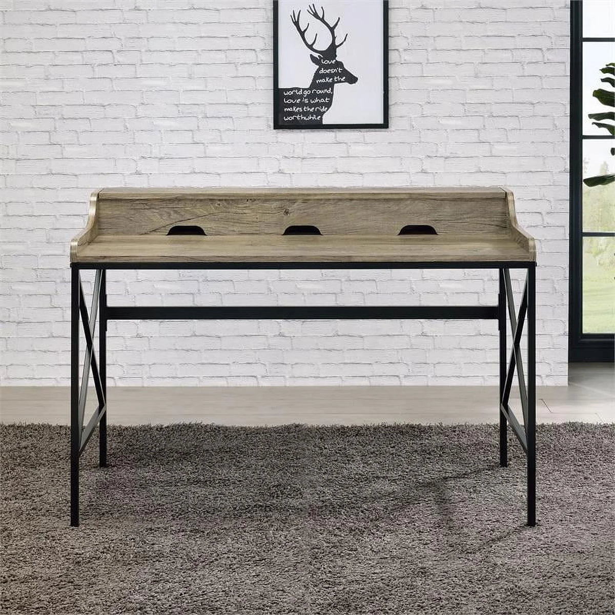 Gray Wood and Black Metal Desk with USB Port M7180