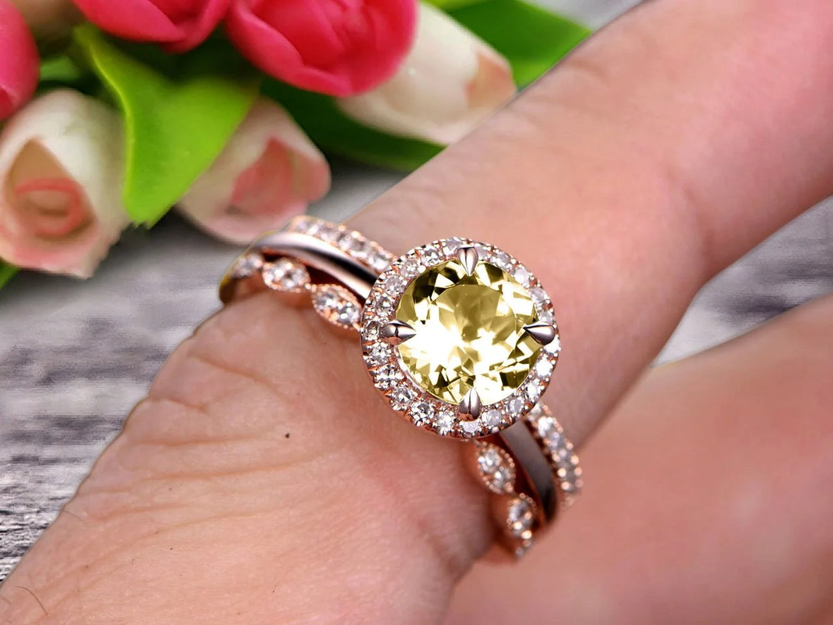 10k Rose Gold Art Deco 2.25 Carat 6mm Round Cut Champagne Diamond Moissanite Wedding Ring Set Matching Band G55817