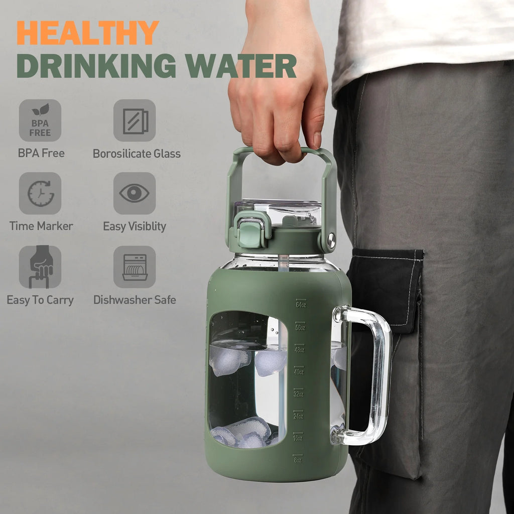64oz Glass Water Bottle with Straw and Handle F97184