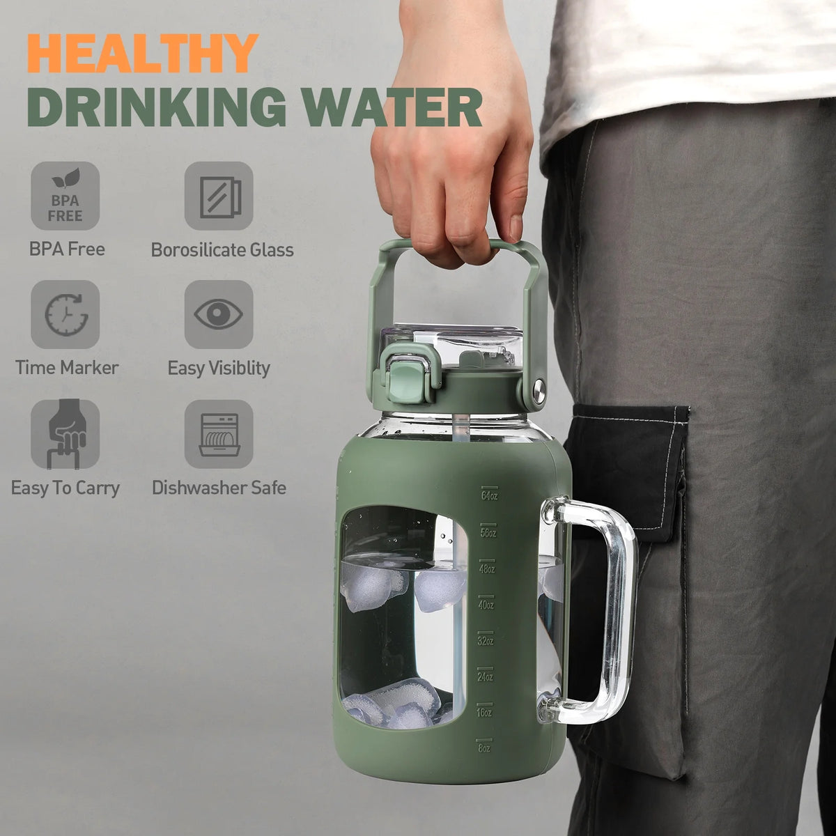 64oz Glass Water Bottle with Straw and Handle F97184