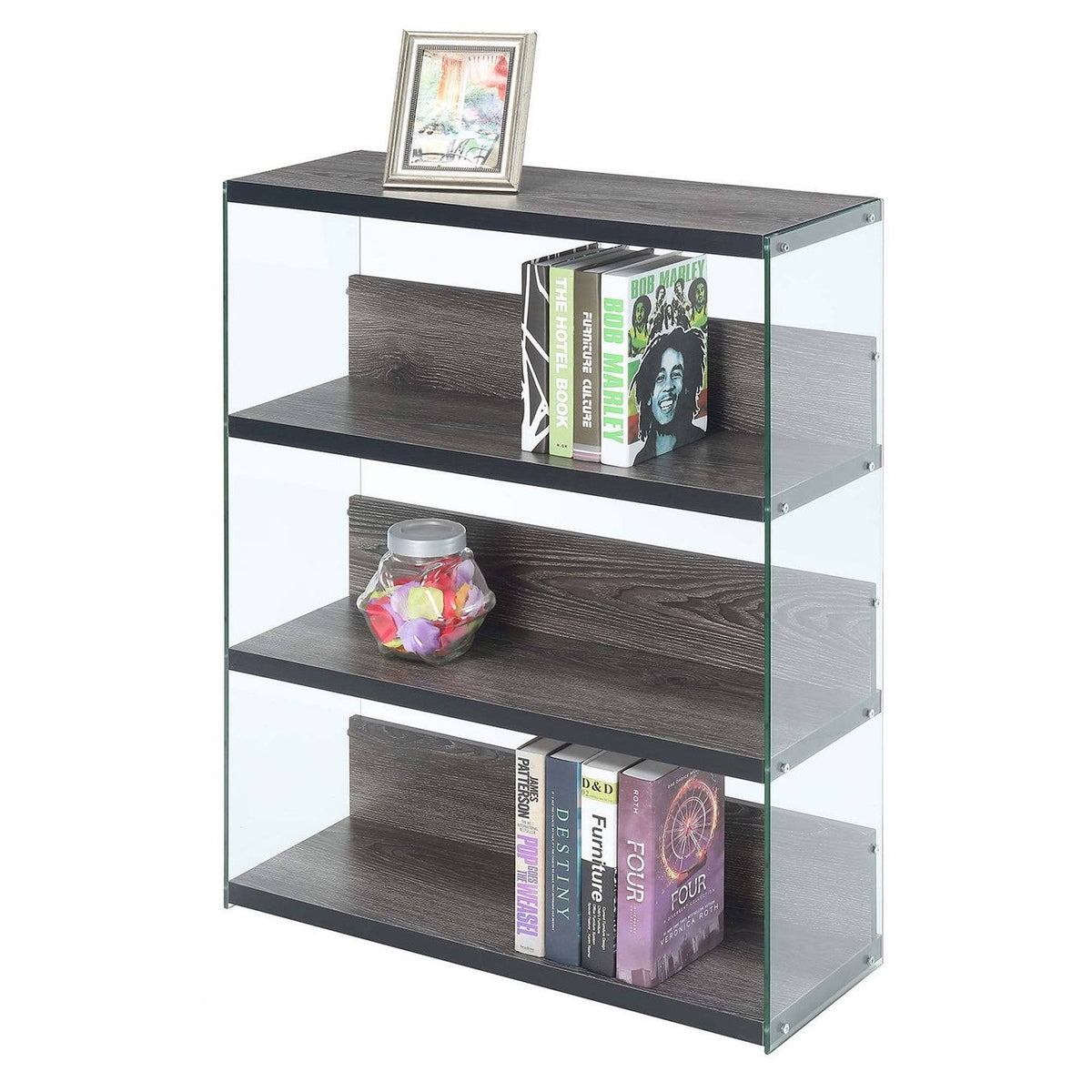 Weathered Grey 4-Tier Glass Wood Bookcase V16544