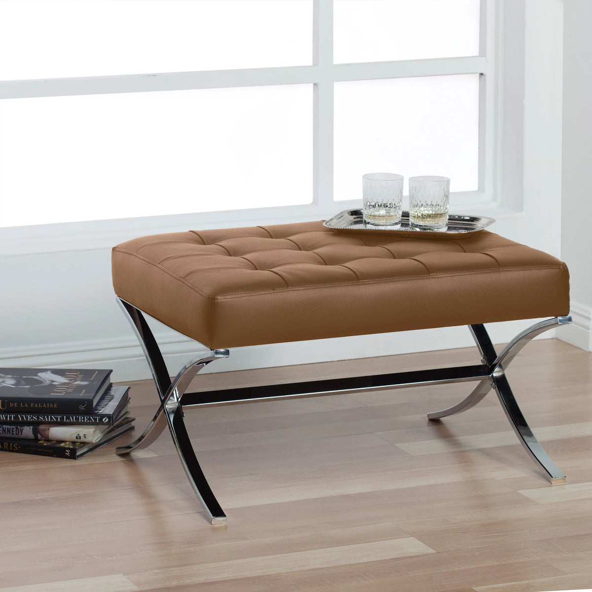 Caramel Brown Bonded Leather Tufted Ottoman C849318