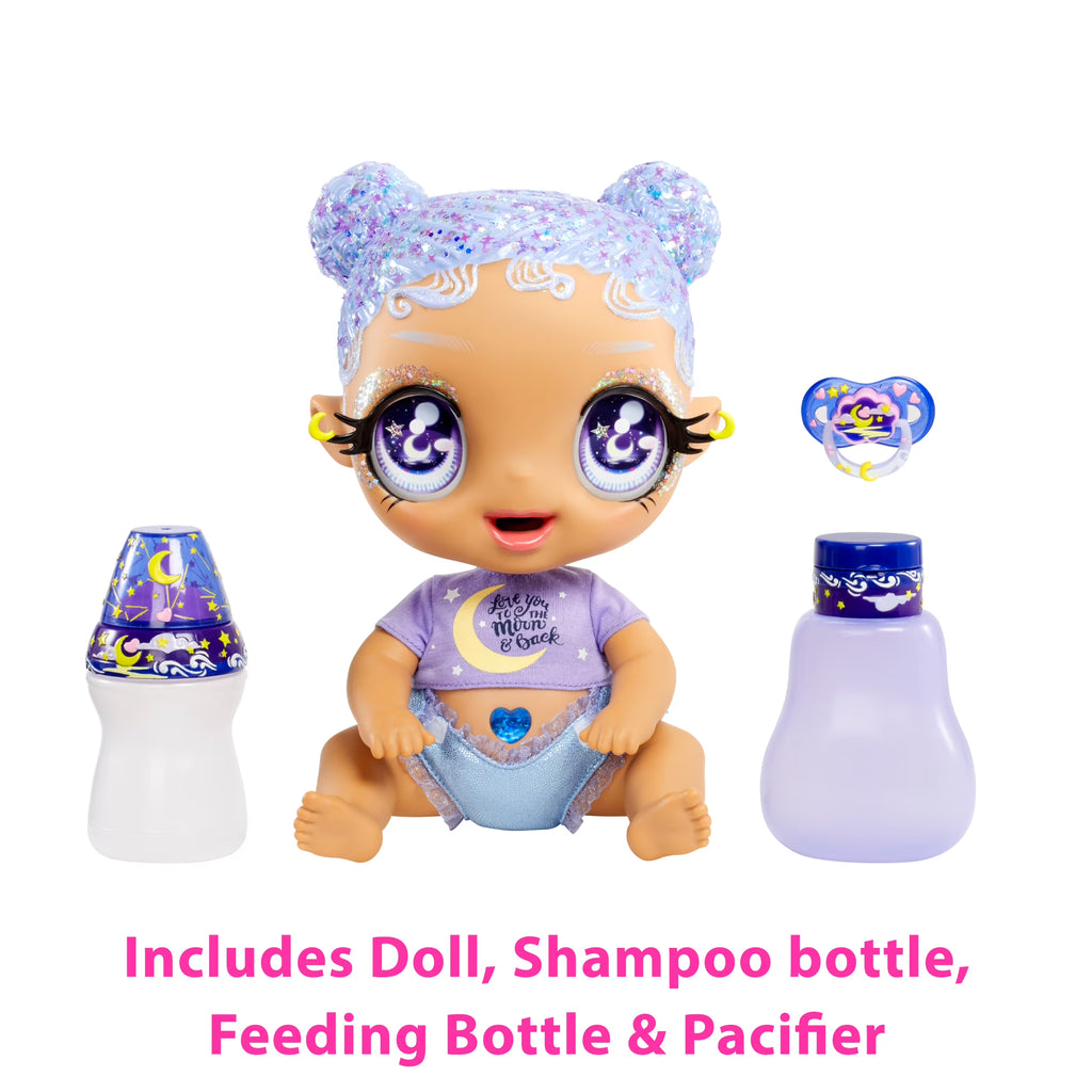 Pastel Purple Glitter Hair Baby Doll with Diaper, Bottle, Pacifier Accessories A1523