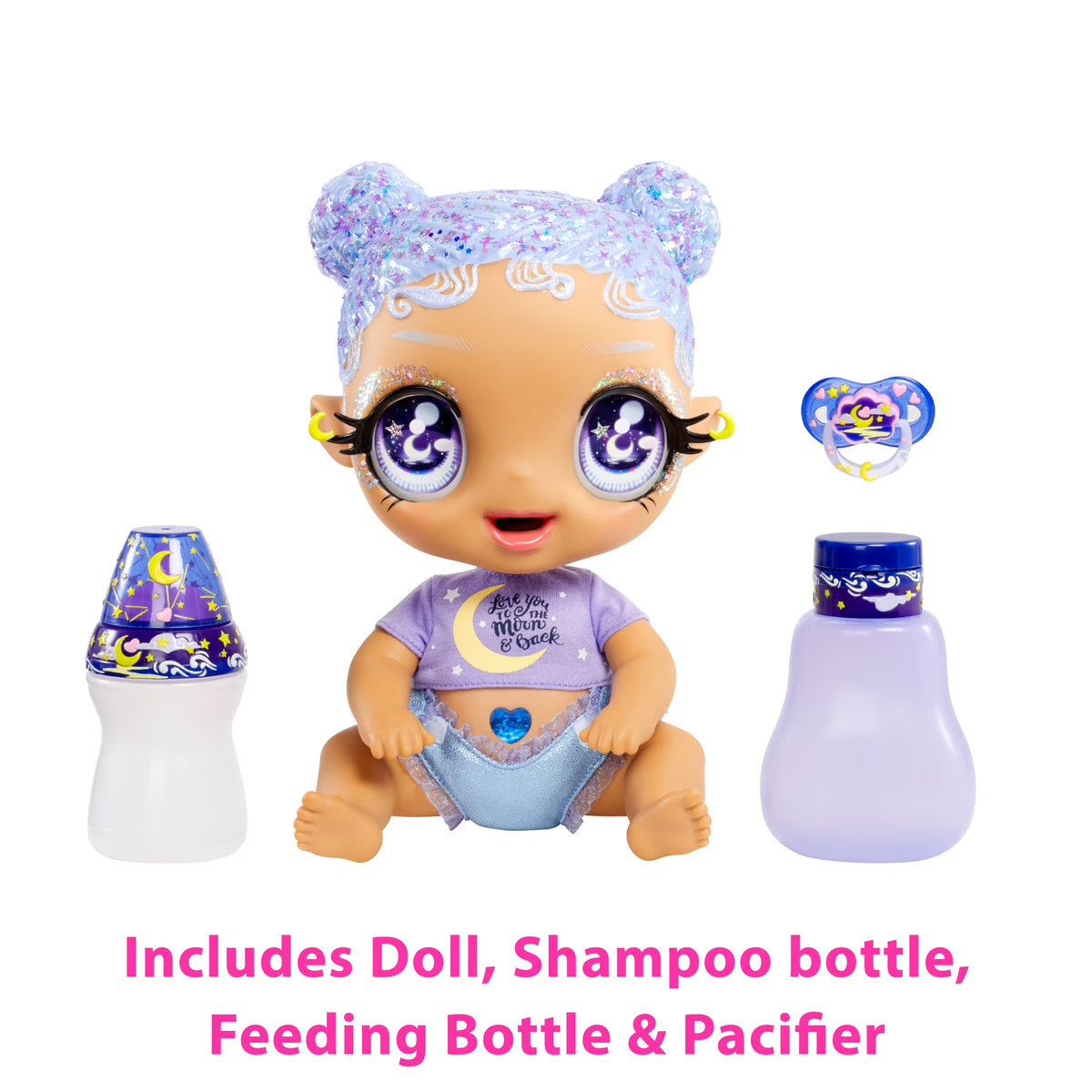 Pastel Purple Glitter Hair Baby Doll with Diaper, Bottle, Pacifier Accessories A1523