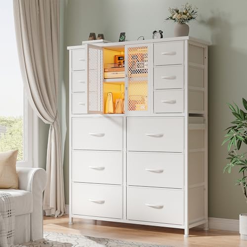 Black 12 Fabric Drawer Tall Dresser with Charging Station C164396
