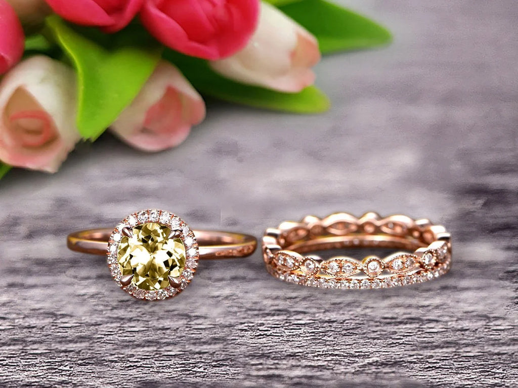 10k Rose Gold Art Deco 2.25 Carat 6mm Round Cut Champagne Diamond Moissanite Wedding Ring Set Matching Band G55817