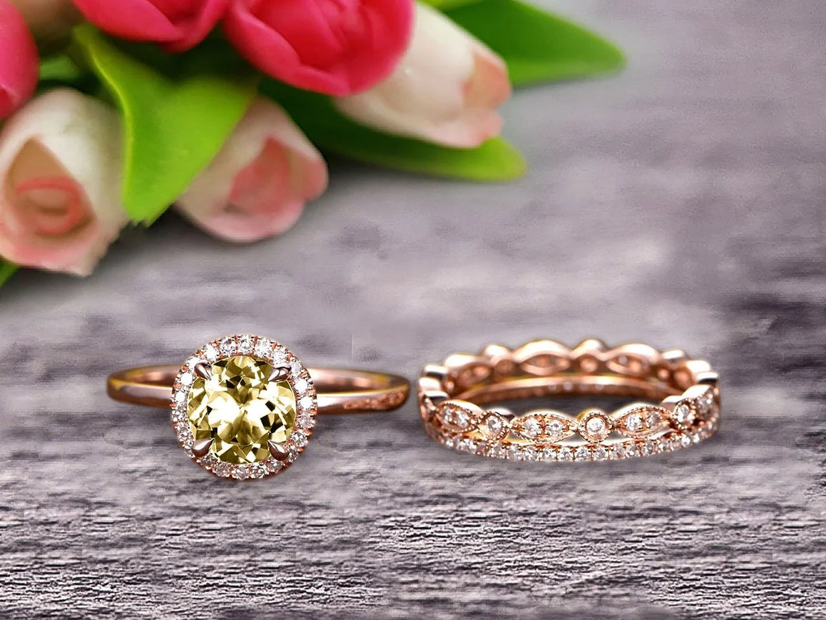 10k Rose Gold Art Deco 2.25 Carat 6mm Round Cut Champagne Diamond Moissanite Wedding Ring Set Matching Band G55817