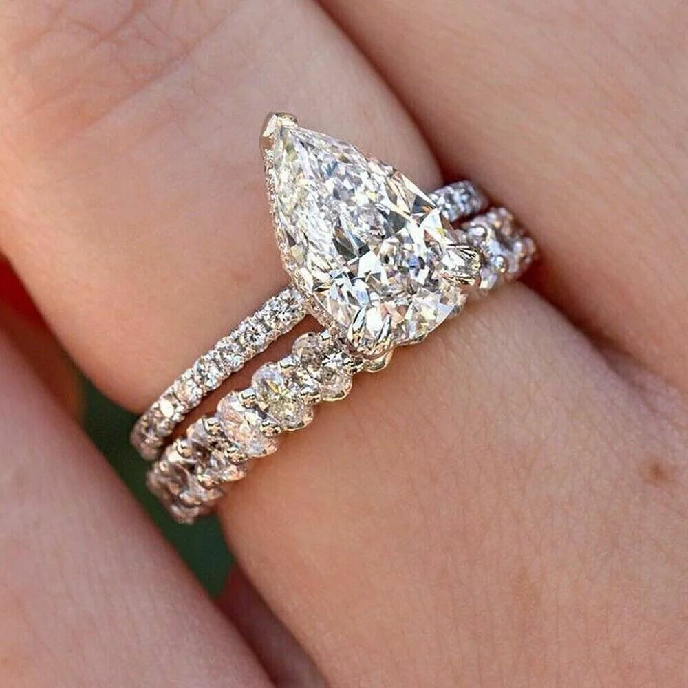 14K Yellow Gold Plated Pear Cut Moissanite Bridal Engagement Ring Set U9099