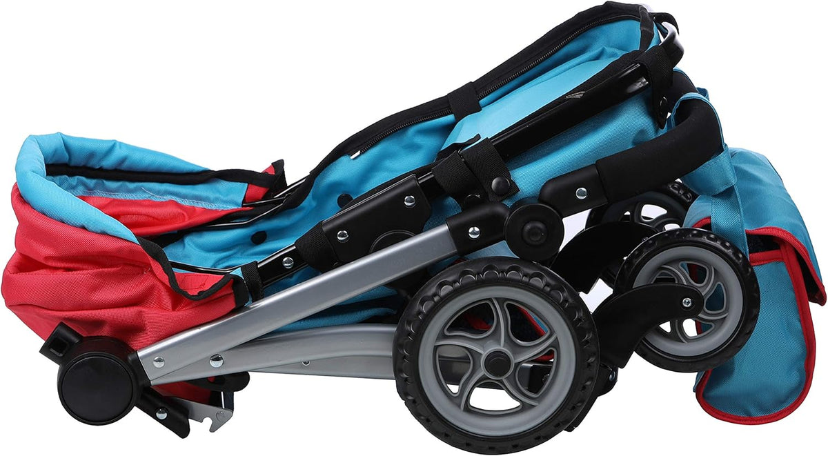 Red and Blue Deluxe Doll Pram with Swiveling Wheels and Adjustable Handle J426