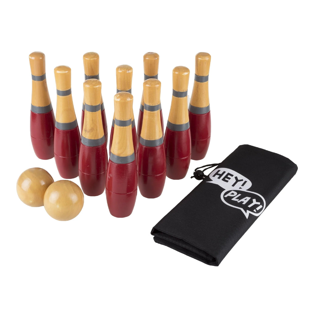 Lawn Bowling Game Set with 10 Wooden Pins, 2 Balls, and Mesh Bag Y30272