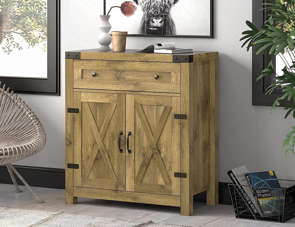 Rustic Oak Storage Cabinet with Double Doors and Drawer K82390