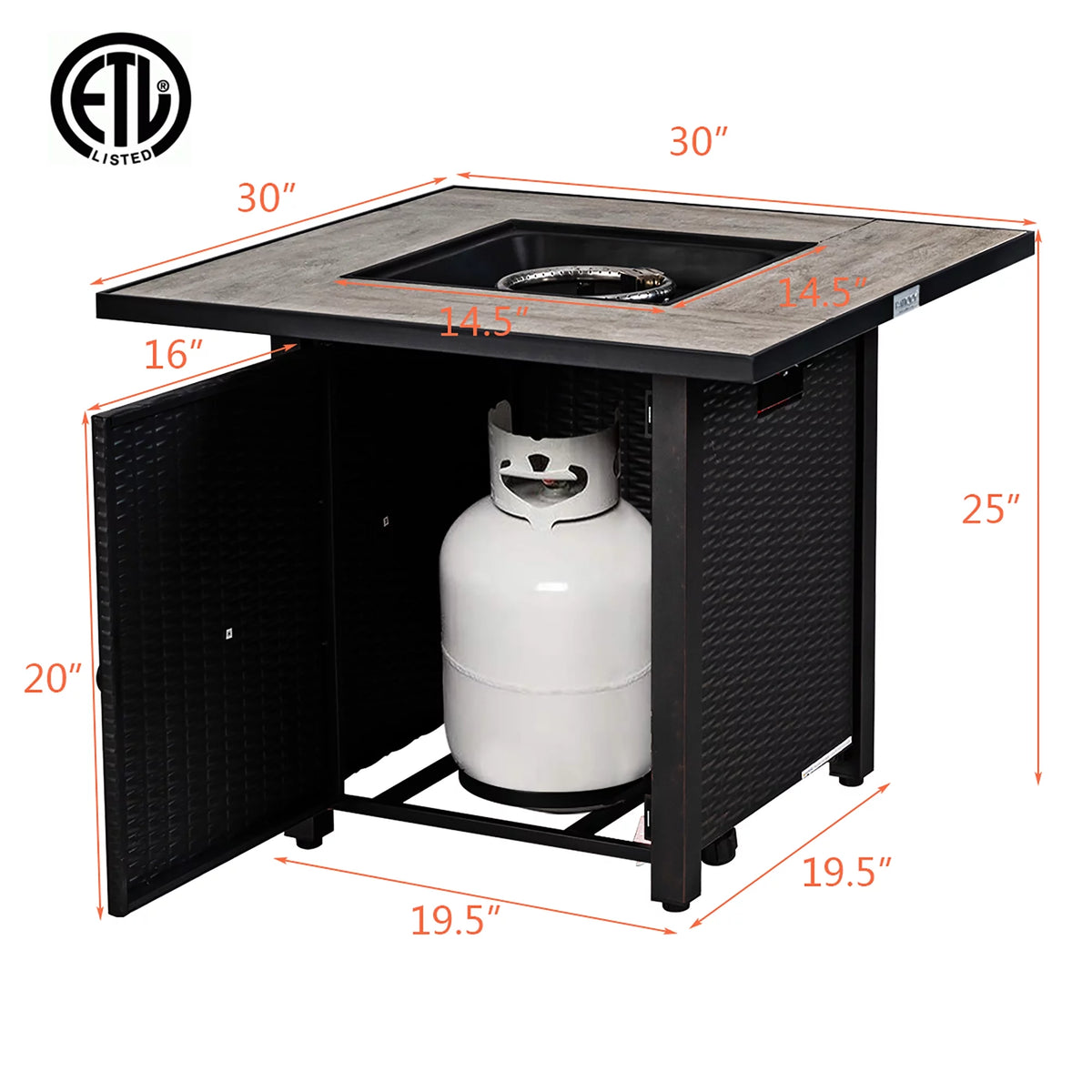 30'' Square Propane Gas Fire Pit Table 50,000 BTU with Cover P312